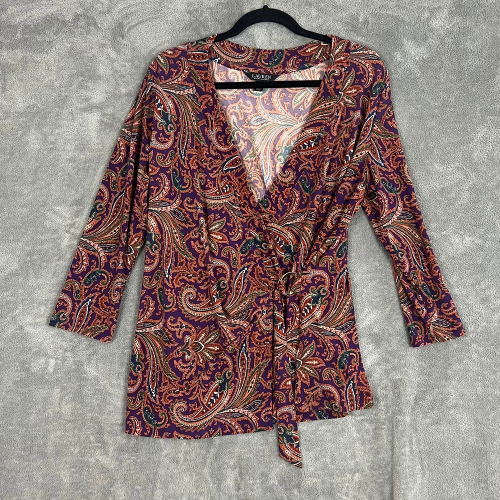 Ralph‎ Lauren Black Label Paisley Stretch Jersey Faux-Wrap Top Womens 1X